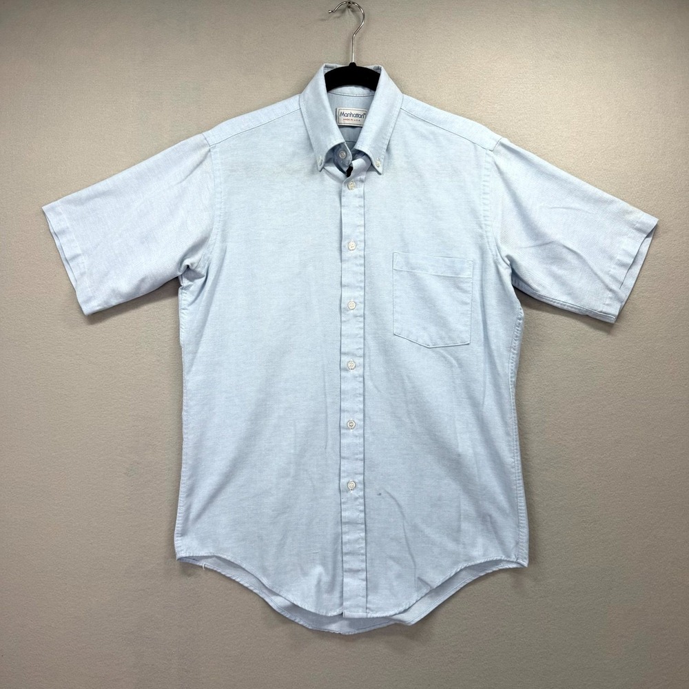 Manhattan Dress Shirt Mens 15 Blue Formal Single Stitch Short Sleeve Button Down